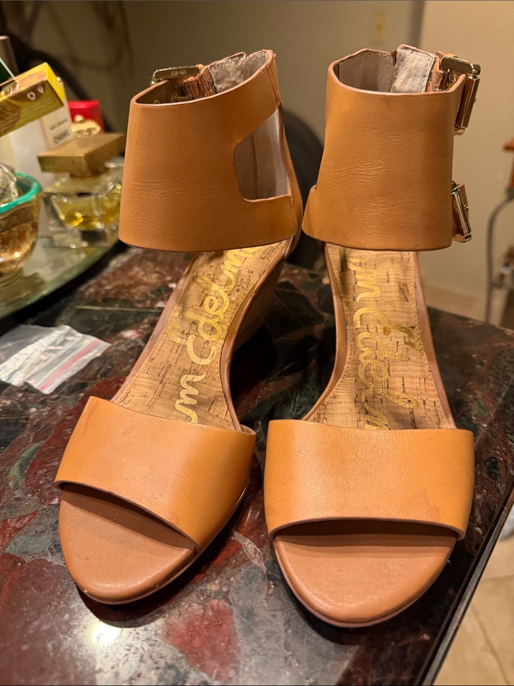Women’s SAM EDELMAN Tan Ankle Strap Wedge Sandals - Comfortable Summer Heels